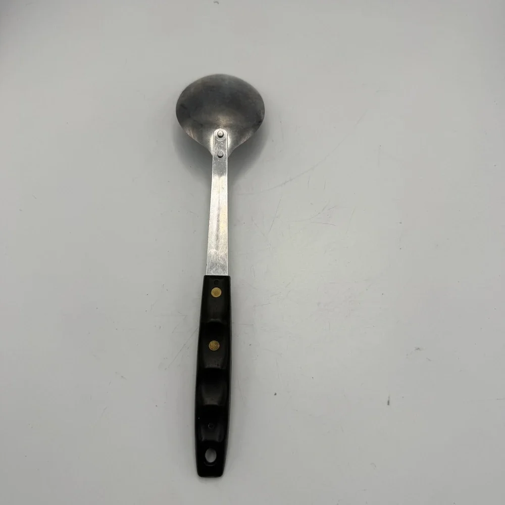 Vintage Stainless USA Serving Spoon Faux Wood Handle Brass Rivets 11.5 Inch